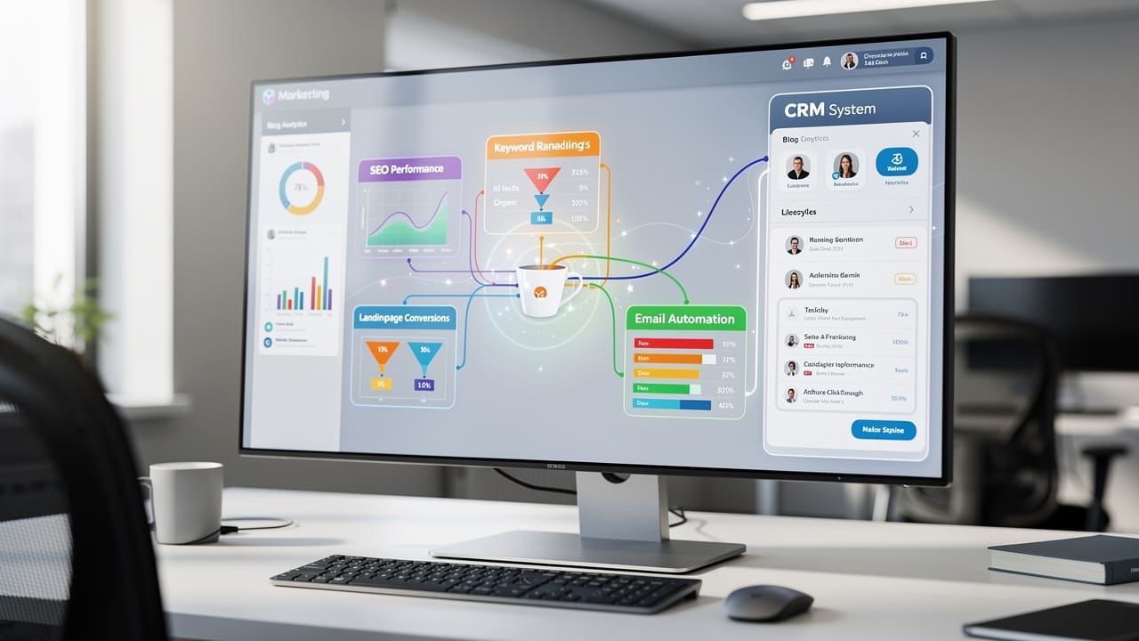 Connected marketing components flowing into customer relationship management