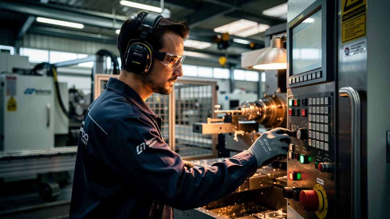 Skilled workers operating specialized industrial manufacturing equipment