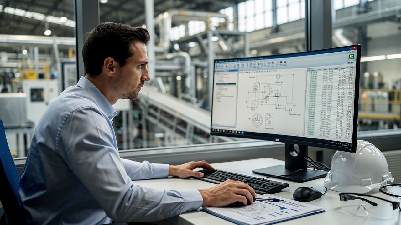 Industrial professional reviewing equipment specifications online