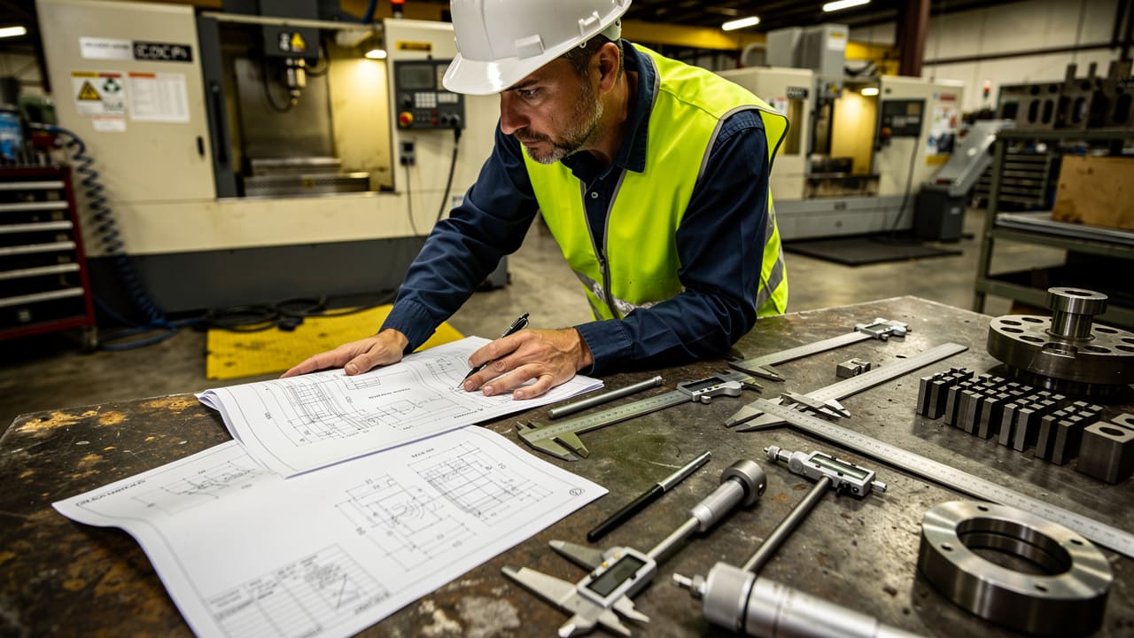 Engineer reviewing technical specifications in a fabrication shop