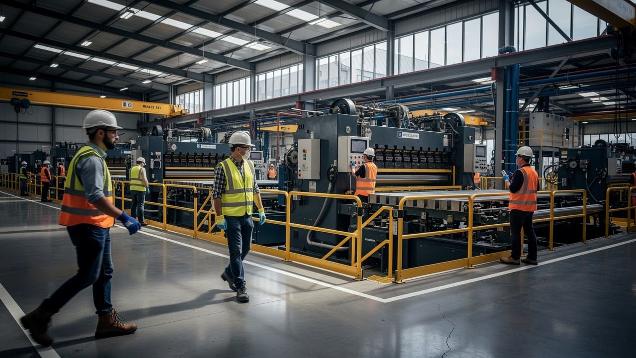 Industrial facility with machinery and safety-compliant workers