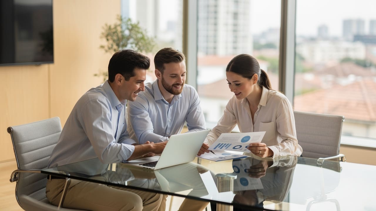Business team collaborating on industrial web development strategy