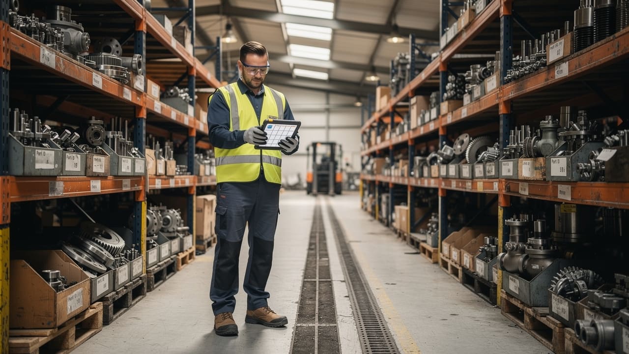 Industrial supplier checking parts inventory in warehouse