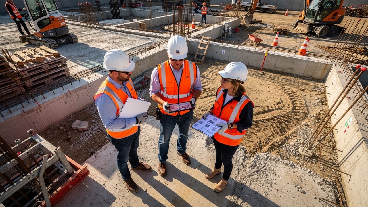 Industrial team members reviewing project plans together