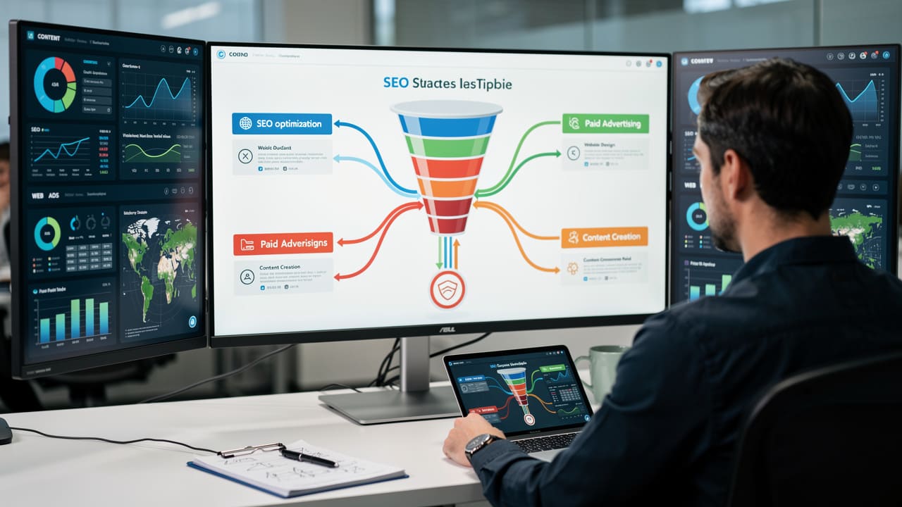 Digital marketer managing integrated marketing channels and data flows