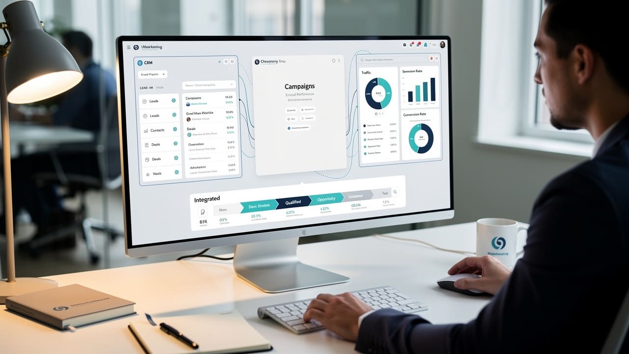 Marketing professional using integrated CRM and analytics system for lead generation tracking