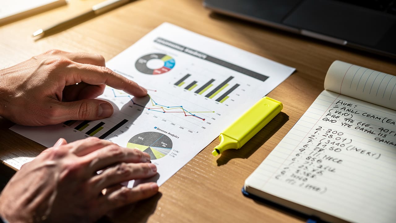 Professional reviewing key performance indicators and marketing metrics on printed report