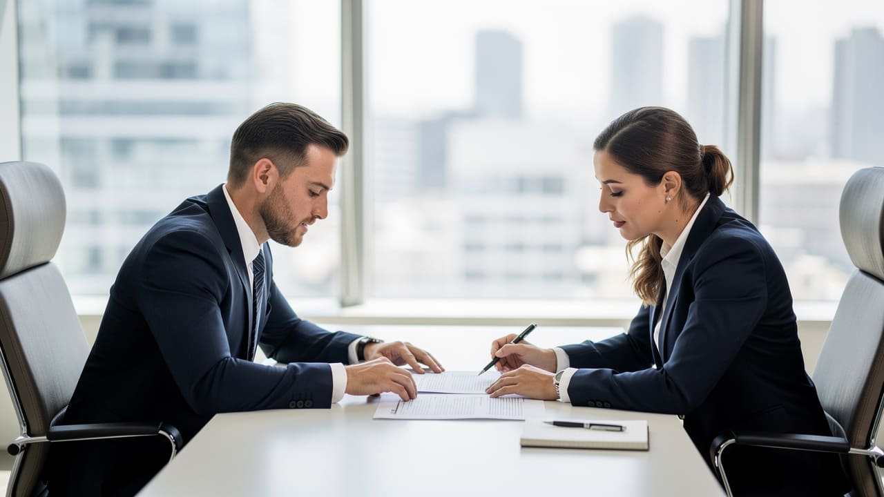 Professional lawyer reviewing business documents with client