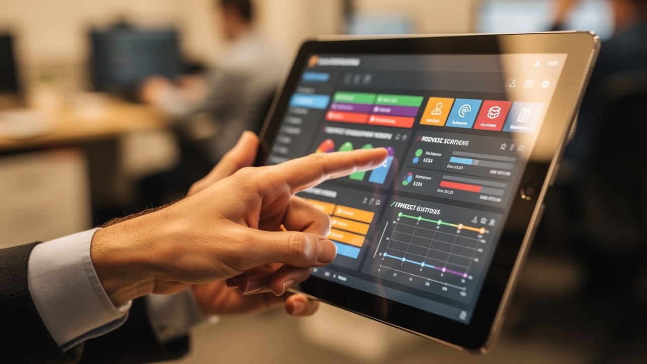 Sales rep reviewing lead scoring data on tablet