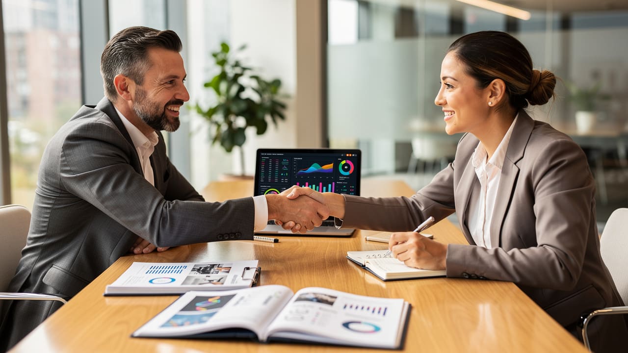 Marketing consultant discussing customized strategy with business owner
