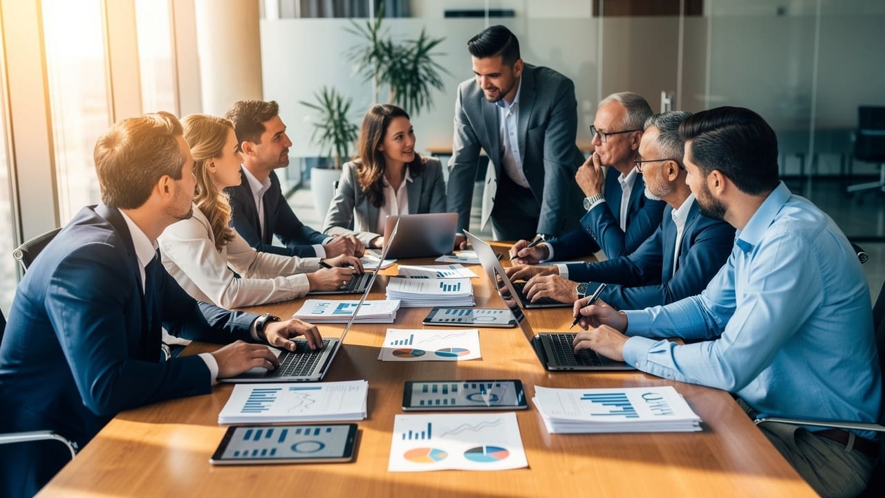 Marketing team reviewing advertising campaign performance data together