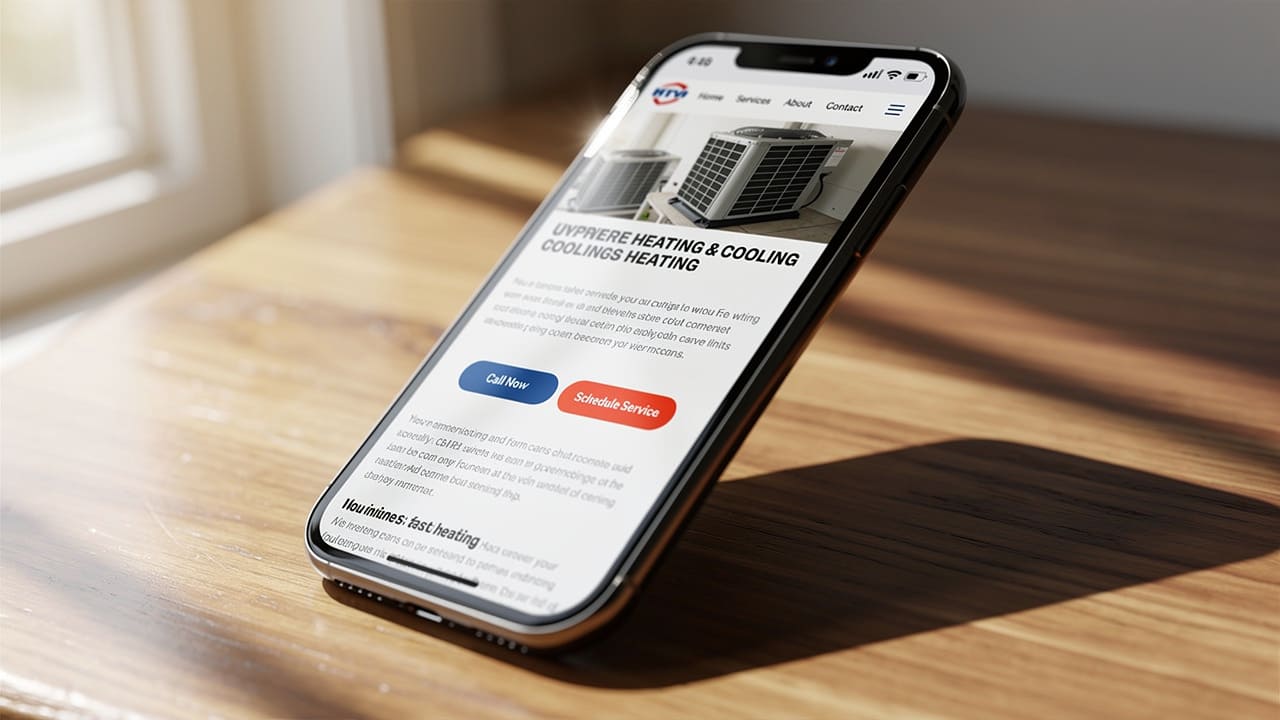 Mobile phone showing responsive HVAC website design with clear navigation