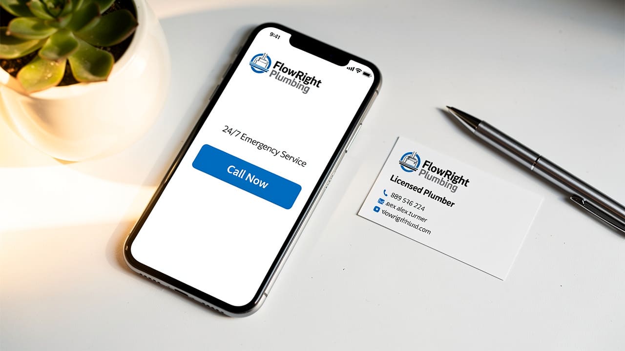 Smartphone displaying plumbing website with prominent call button