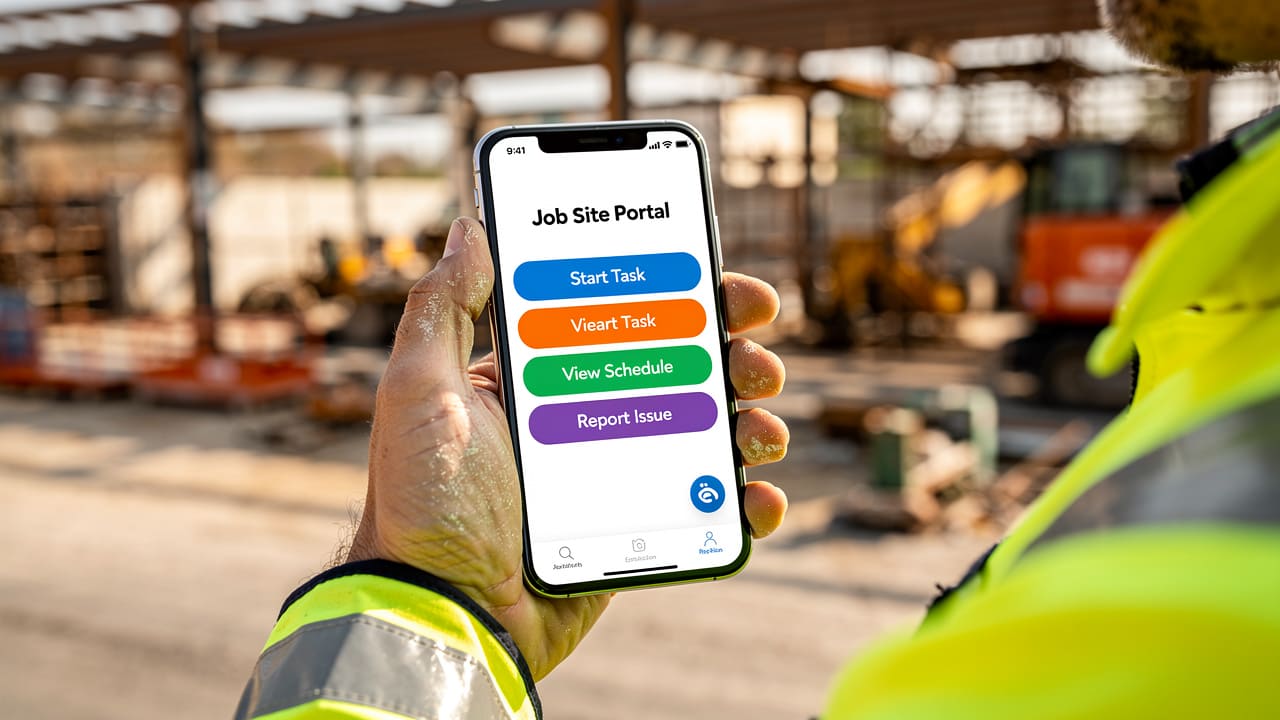 Worker on job site viewing mobile-optimized website on smartphone