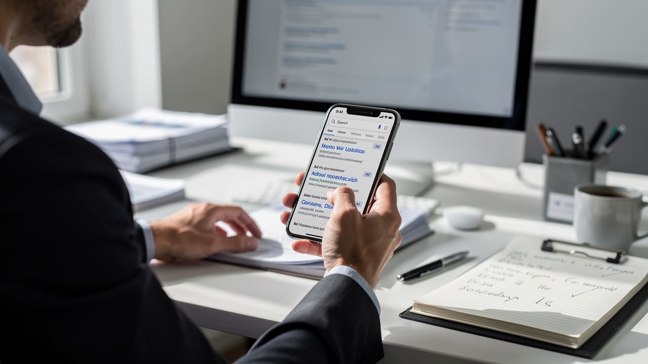 Person viewing mobile search results and Google Ads advertisements on phone