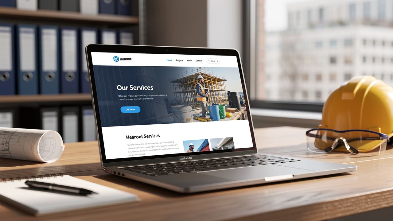 Professional, updated website design on laptop in modern construction office