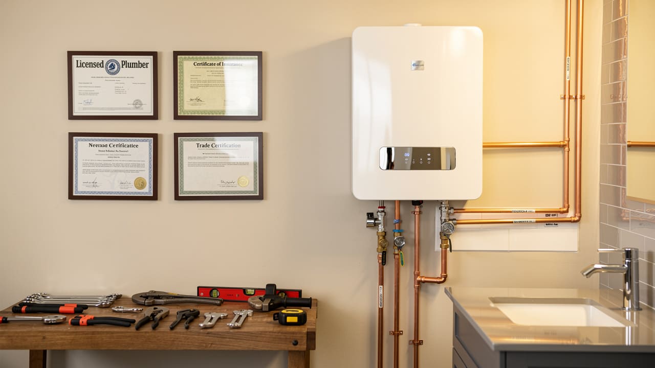 Licensed plumber's credentials displayed beside professional installation work