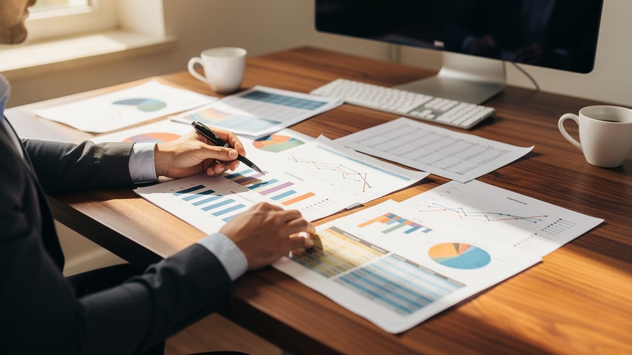 Marketing professional reviewing printed audit findings and creating action plan