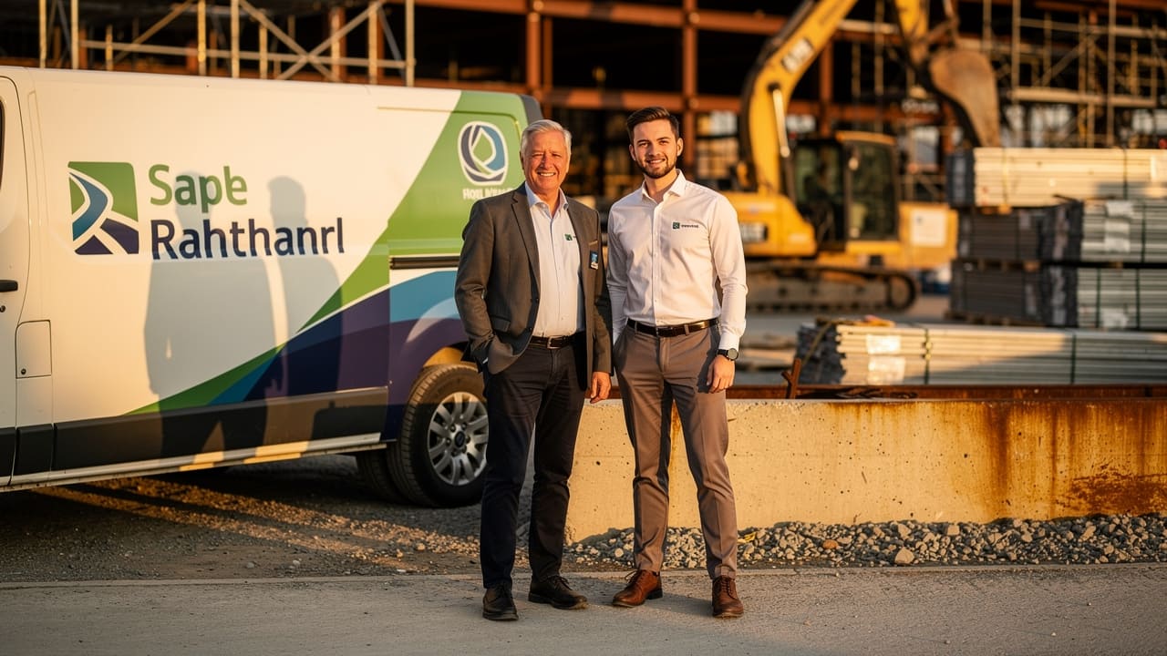 Two generations of leadership standing unified with consistent company branding