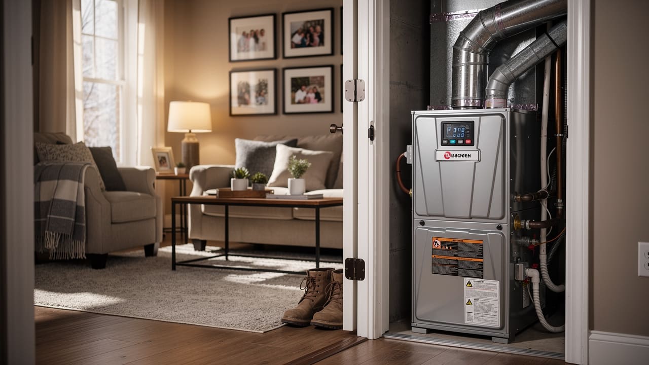 Modern furnace unit in residential home basement during winter season