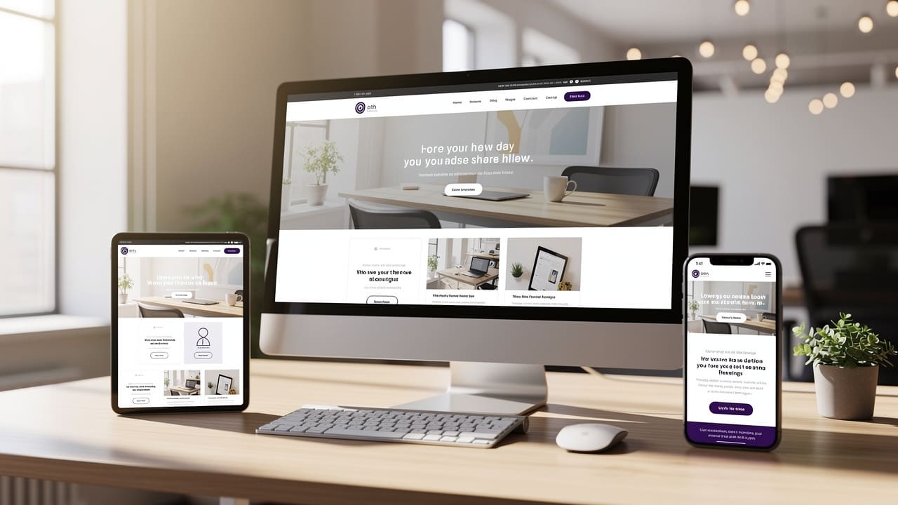 Website designs displayed across phone, tablet, and desktop screens