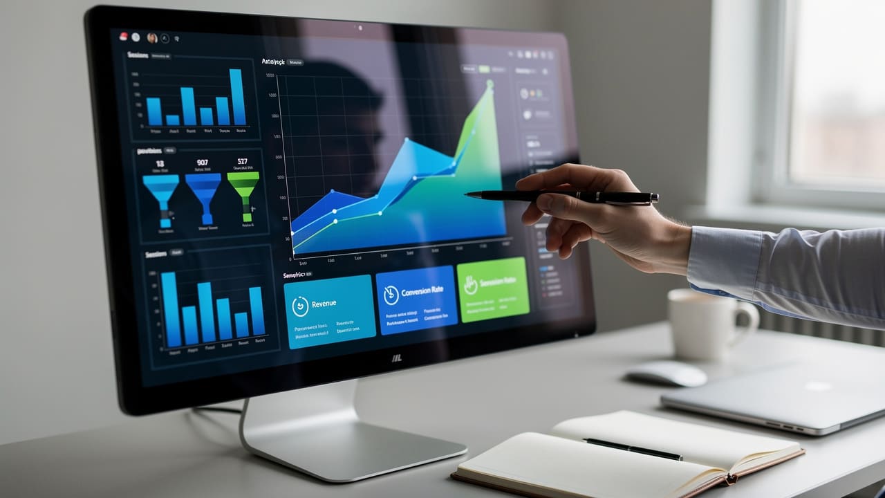 Analytics dashboard showing performance metrics and conversion data
