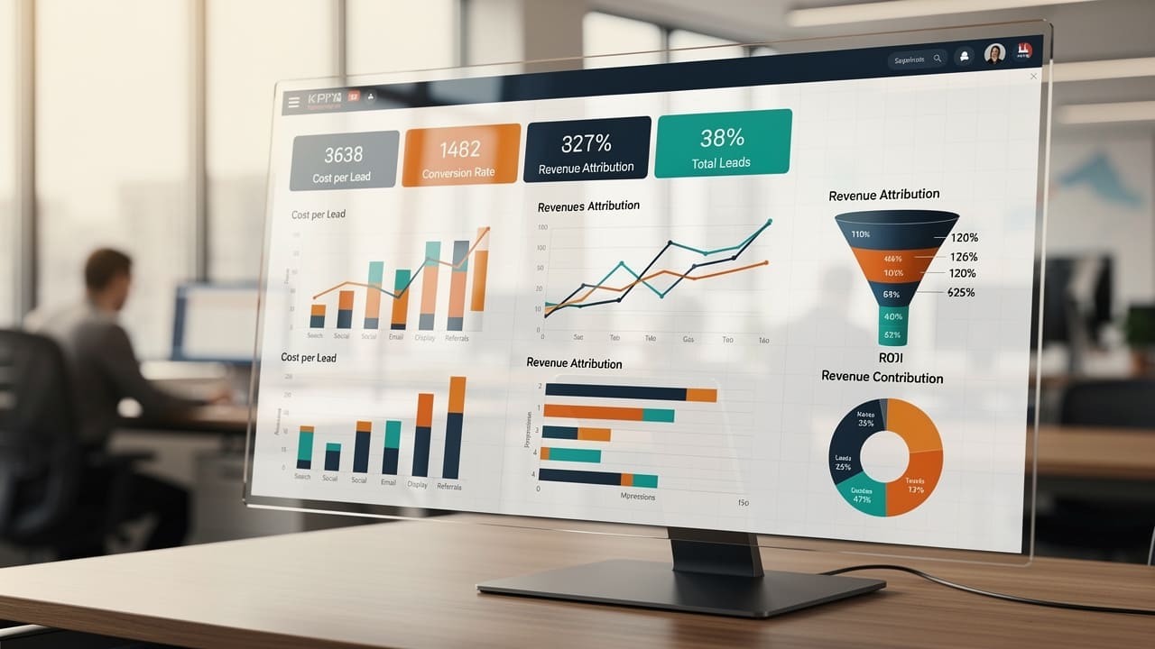 Marketing performance dashboard showing ROI and cost-per-lead metrics