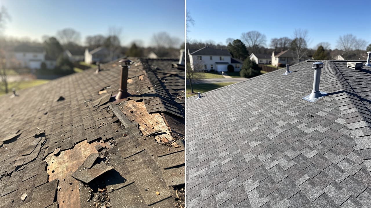 Before and after roofing project transformation comparison