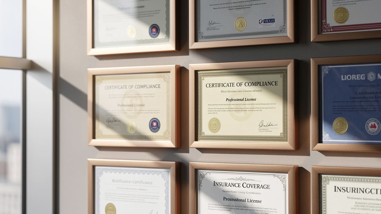 Professional licensing and certification credentials on display