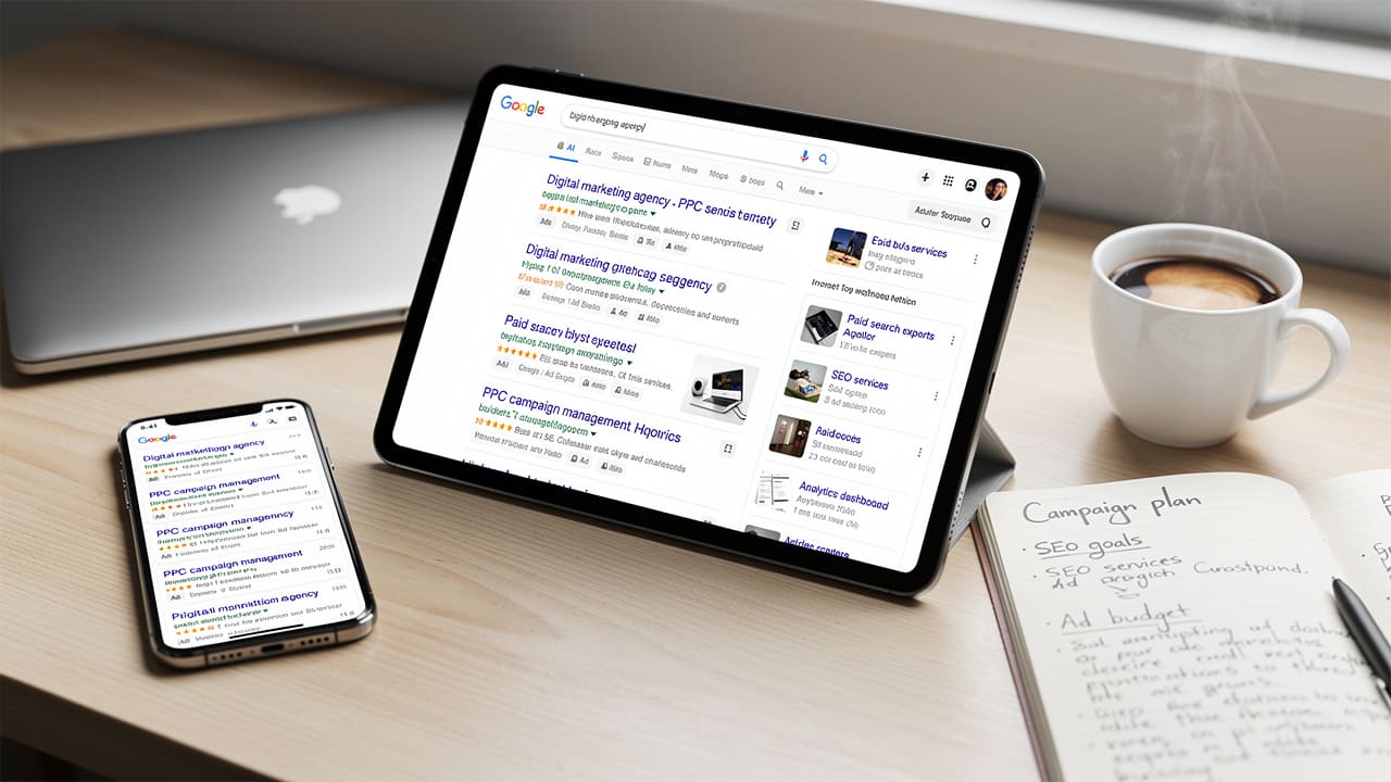 Multiple digital devices showing integrated SEO and paid advertising campaign strategies