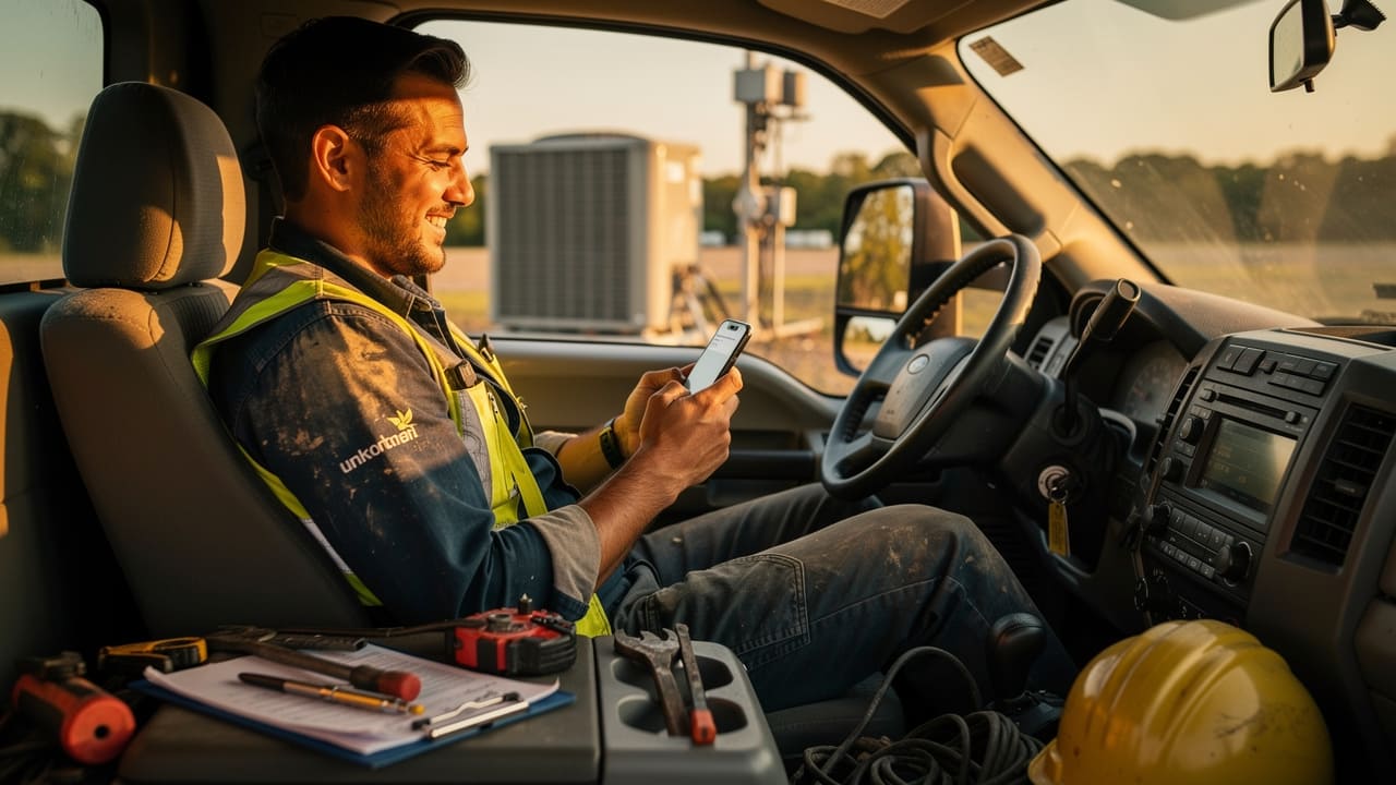 Technician texting a customer review request from job site