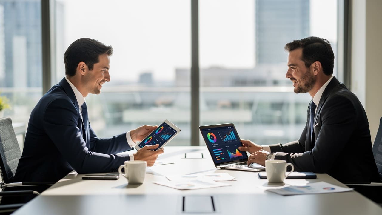 Business professionals reviewing landing page performance metrics together