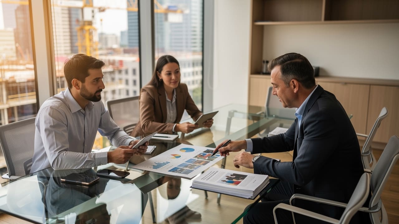 Business team collaborating with external marketing partner to review transition strategy
