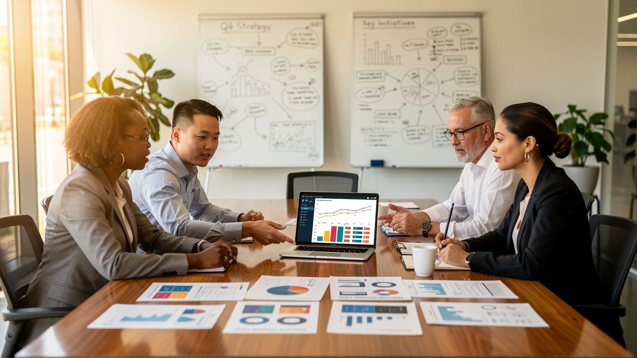 Marketing team reviewing strategy and case study results together