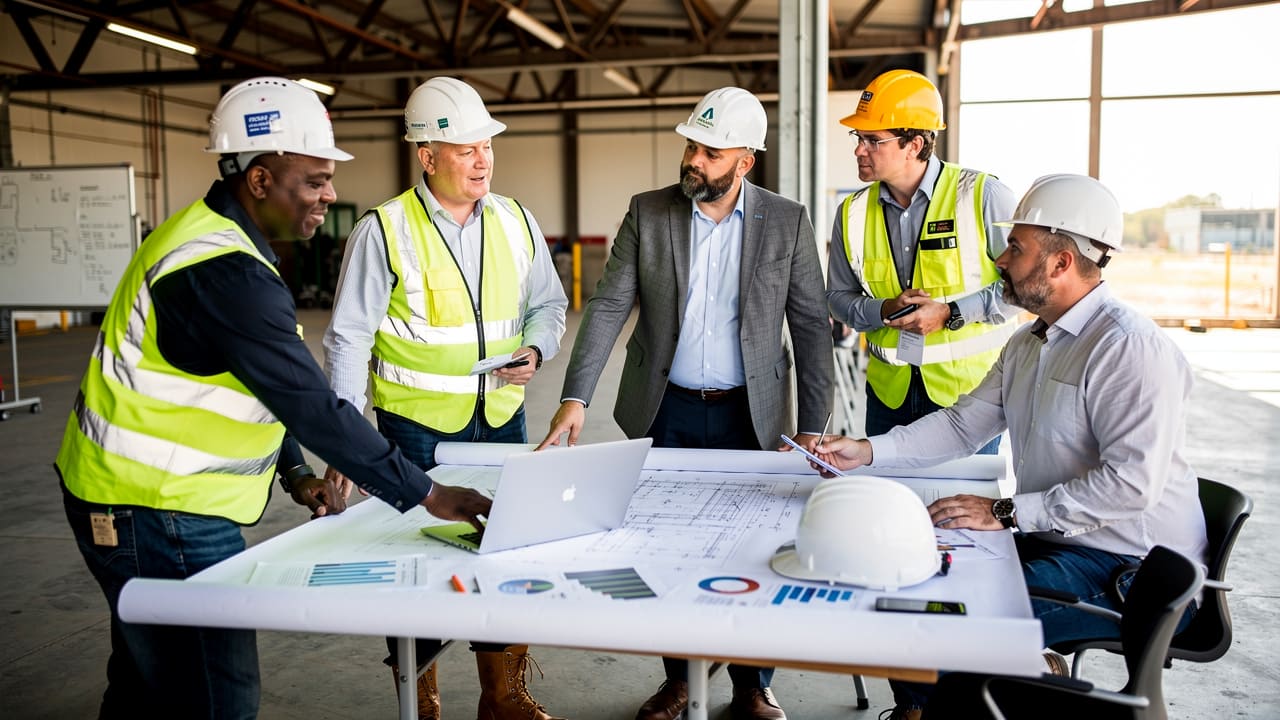 Construction business owner consulting with marketing specialist