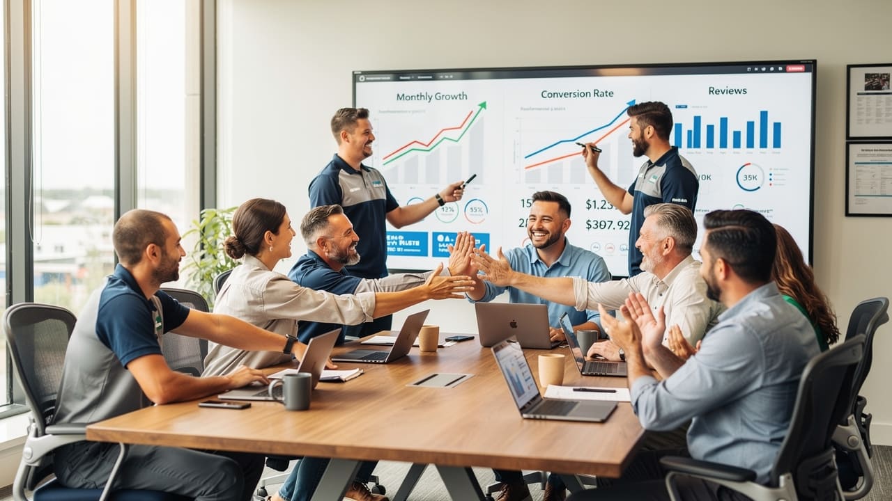 Construction company team discussing review generation progress metrics