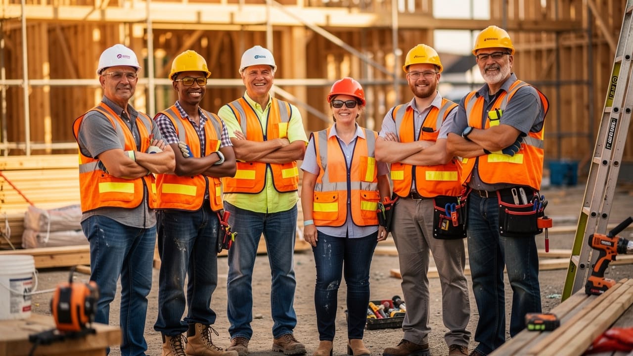 Professional trades team members on active job site together