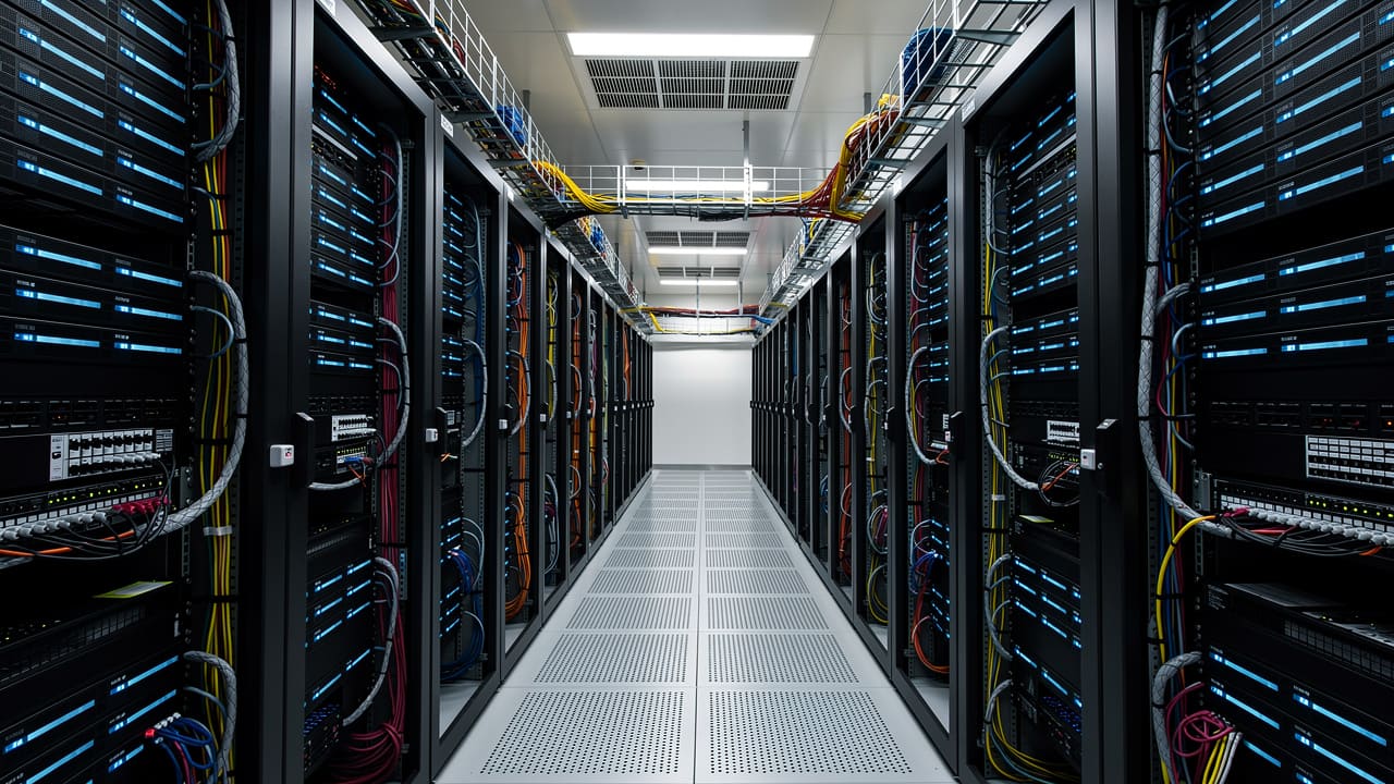 Server room with multiple secure servers and networking equipment