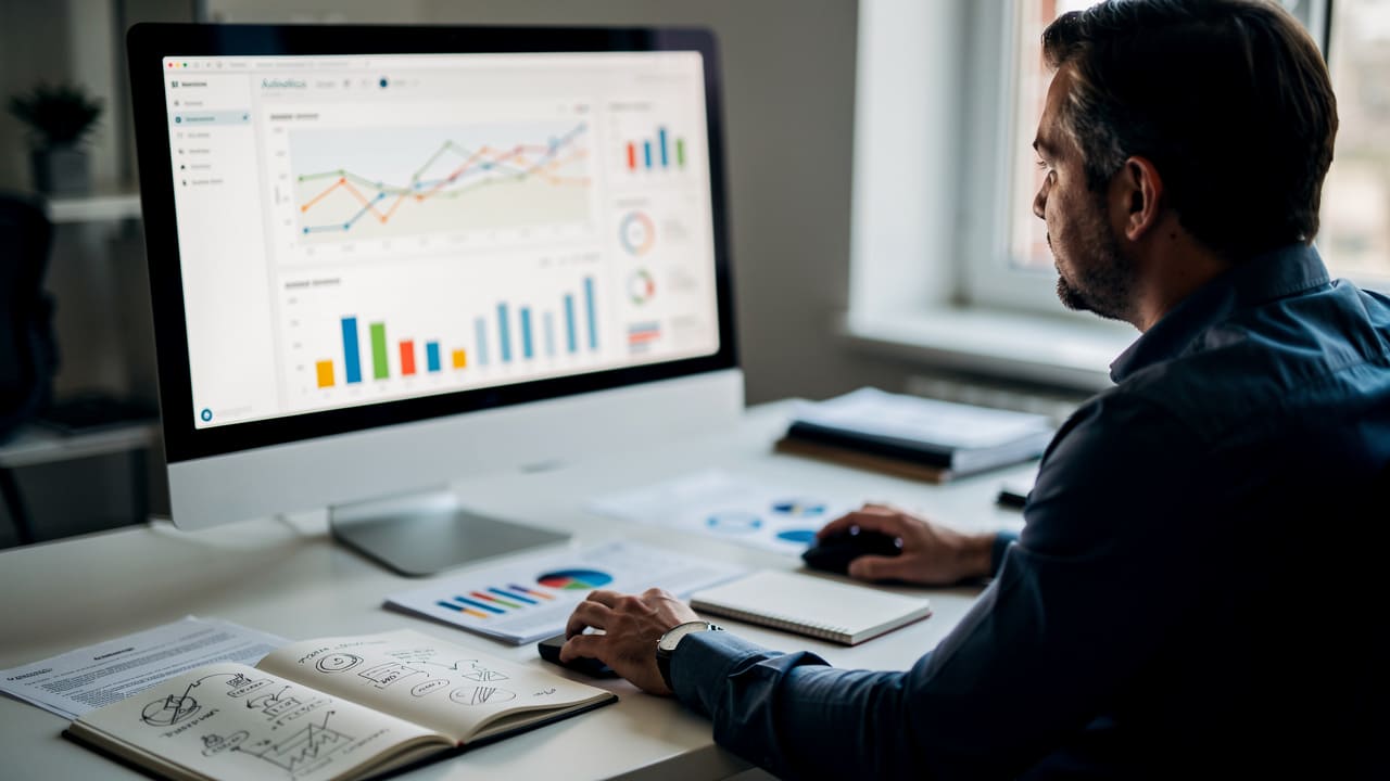 Business owner reviewing website analytics and performance metrics on computer dashboard