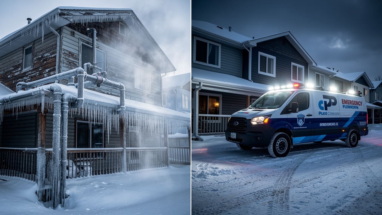 Frozen pipes and plumber's truck responding to winter emergency