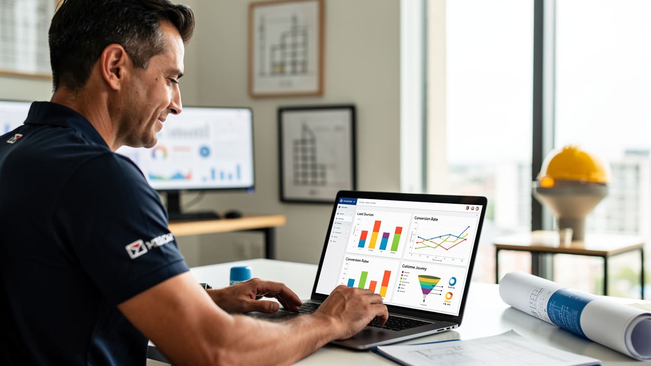 Business owner reviewing detailed website analytics and lead tracking data