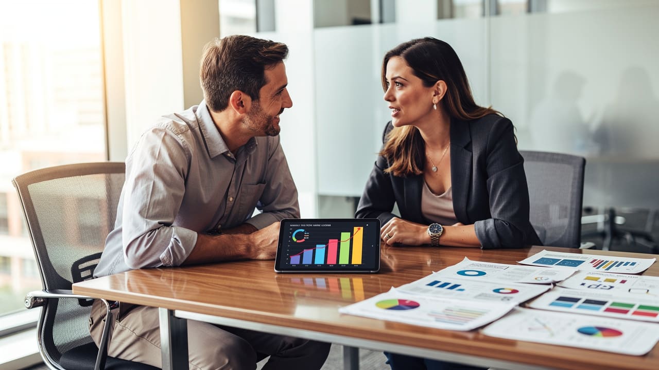 Business owner and marketing consultant collaborating on strategy
