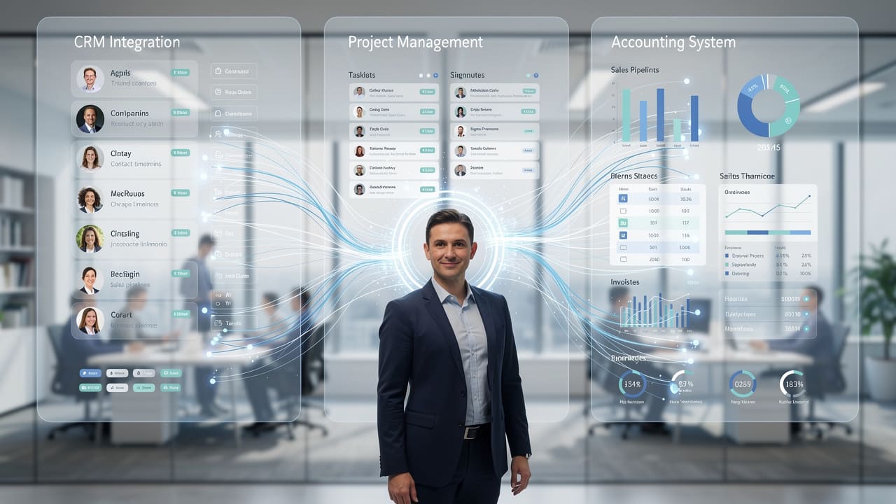 Integrated business systems showing CRM, project management, and accounting connected together