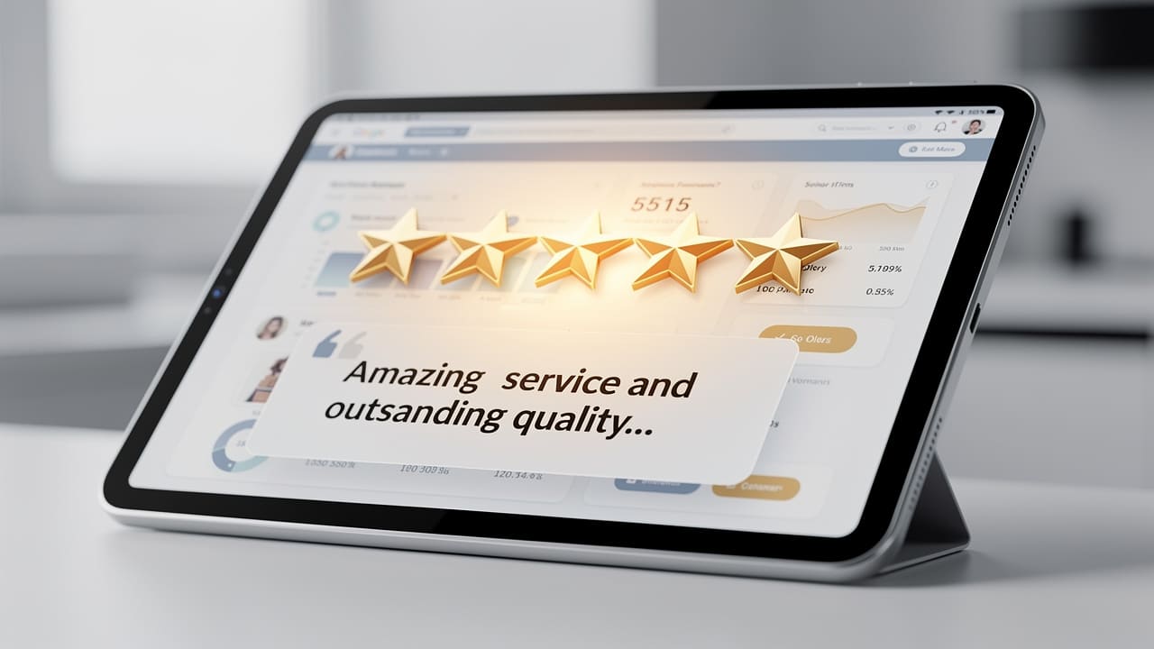 Five-star customer review displayed on business management dashboard