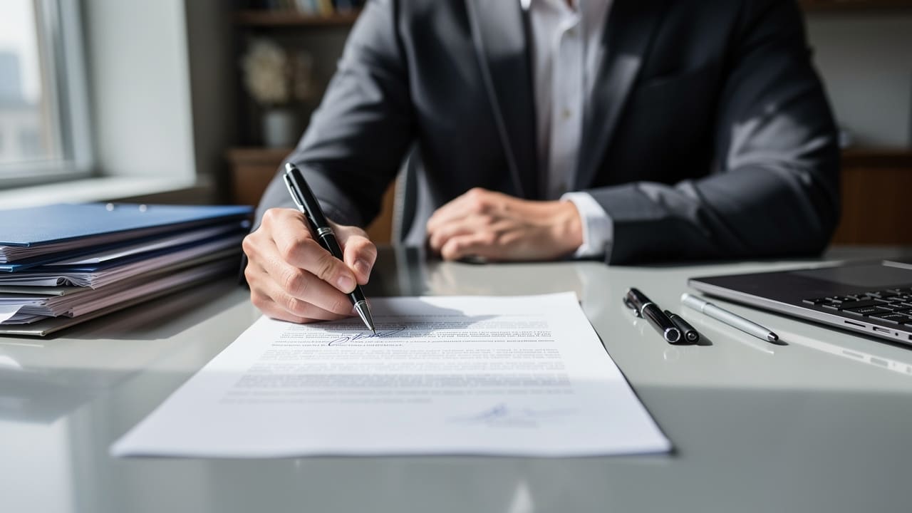 Business professional signing fractional CMO engagement contract
