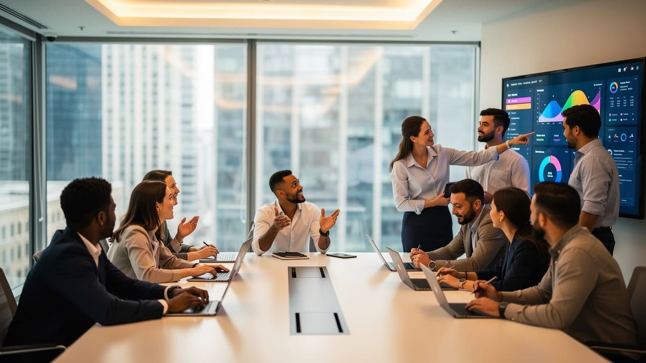 Marketing team collaborating on performance metrics and strategy