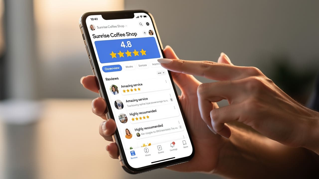 Mobile phone displaying Google Business Profile with customer reviews