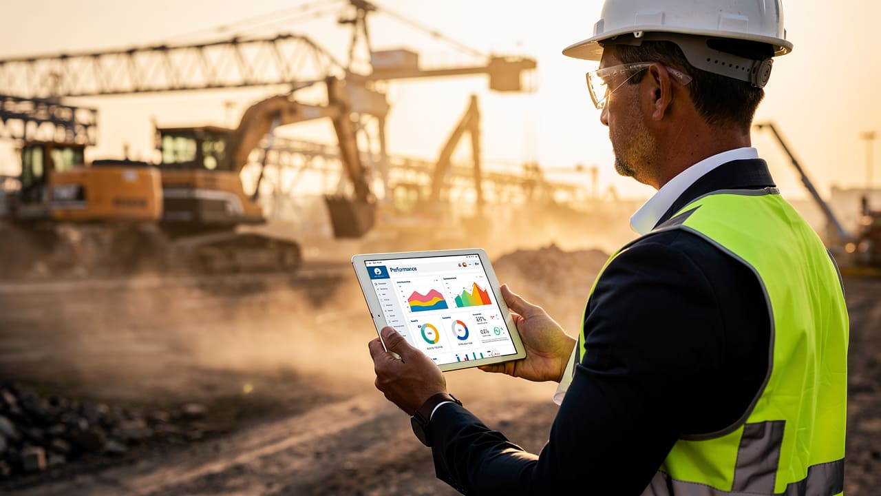 Construction professional reviewing marketing analytics at industrial worksite
