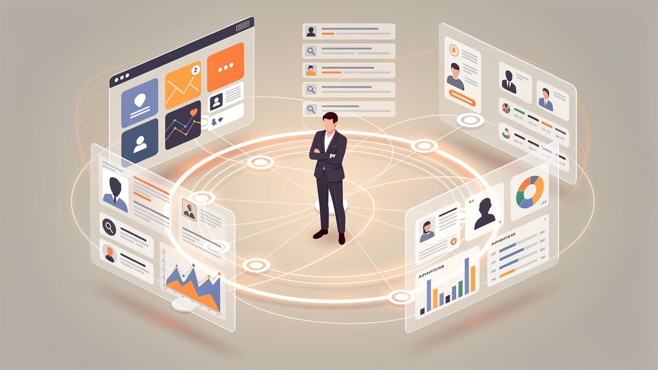 Visual representation of integrated website, SEO, advertising, and analytics system