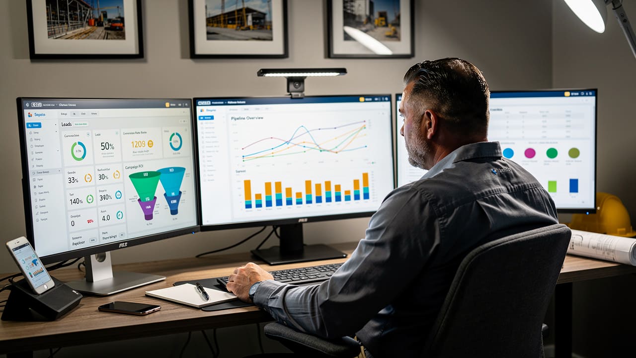 Construction professional reviewing marketing analytics and lead generation data